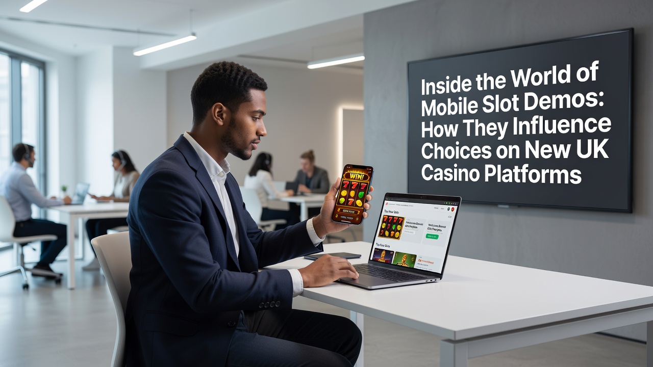 Diverse group of users interacting with mobile slot demos on tablets and smartphones in a modern lounge setting